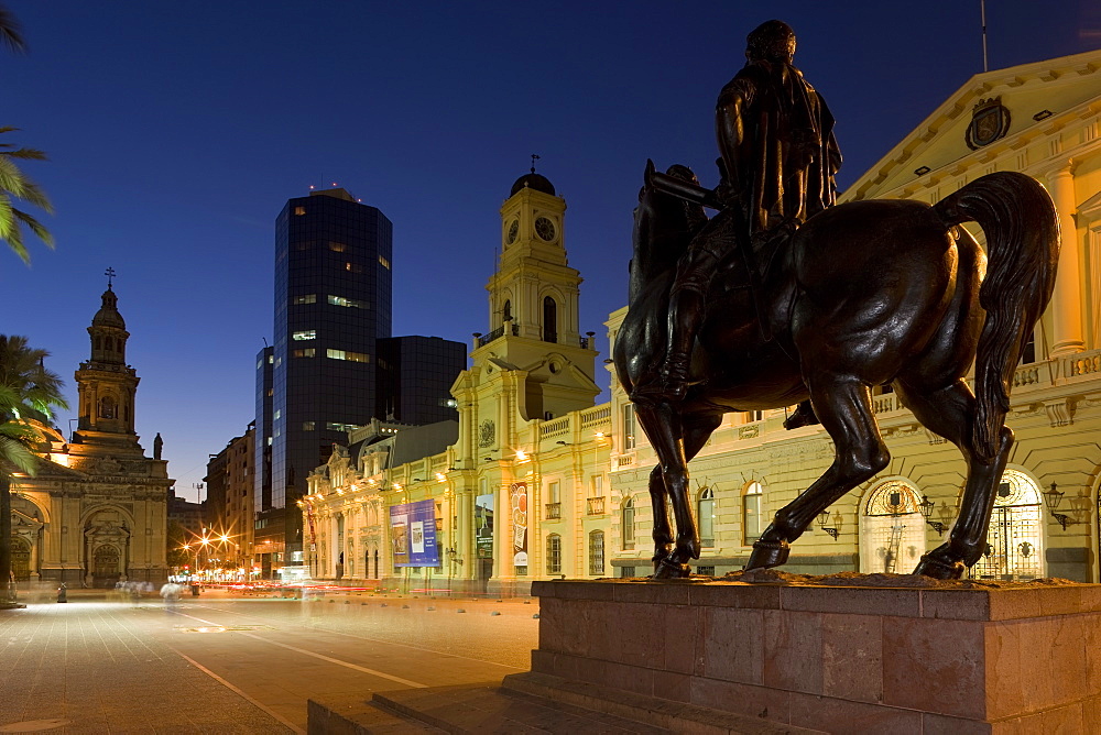 Close-up of the equestrian statue of Pedro de Valdivia in front of the Museo Historico Nacional in Plaza de Armas, Santiago, Chile, South America