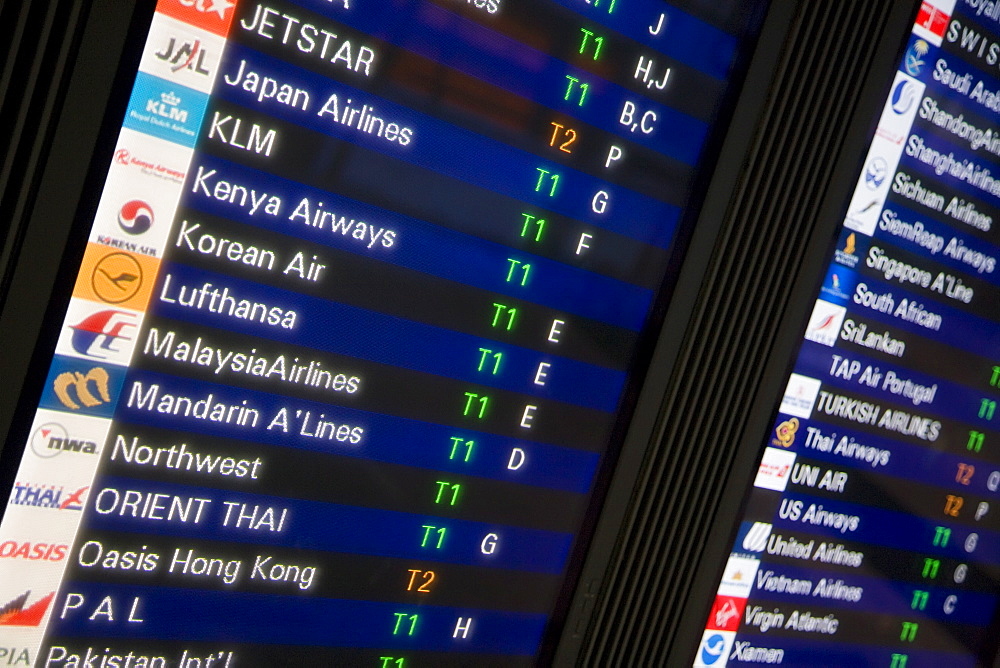 Detail of departure board, Hong Kong Airport, Hong Kong, China, Asia