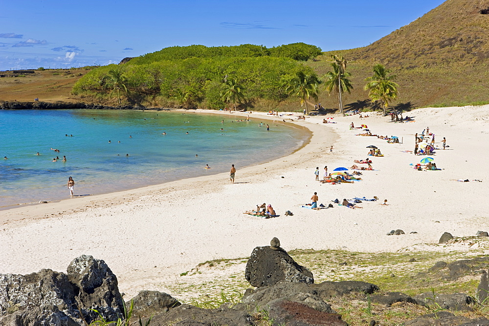 Anakena beach, the Island's white sand beach fringed by palm trees, Rapa Nui (Easter Island), Chile, South America