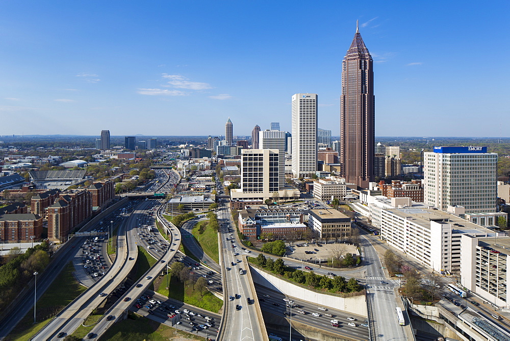 Elevated view over Interstate 85 passing the Midtown Atlanta skyline, Atlanta, Georgia, United States of America, North America