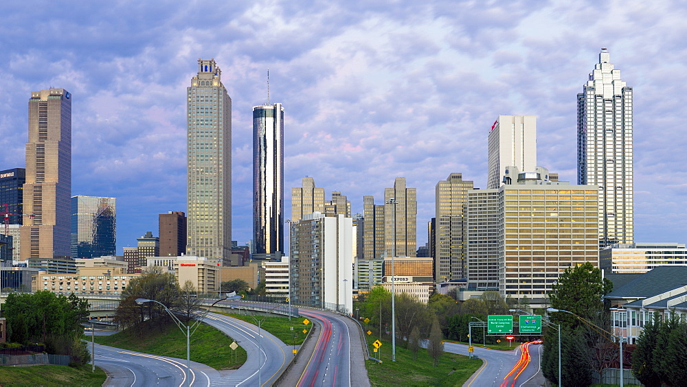 Elevated view over Freedom Parkway and the Downtown Atlanta skyline, Atlanta, Georgia, United States of America, North America