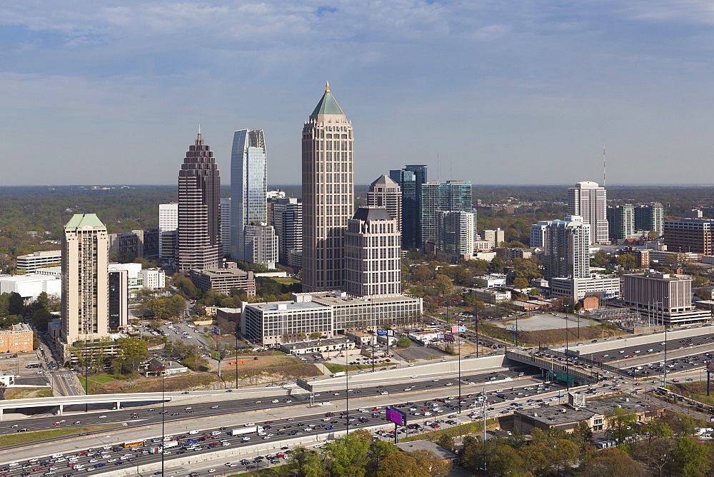 Elevated view over Interstate 85 passing the Atlanta skyline, Atlanta, Georgia, United States of America, North America