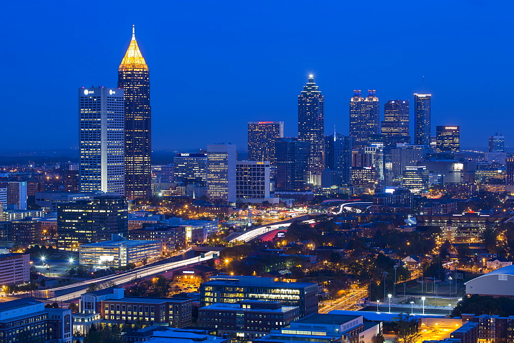 Elevated view over Interstate 85 passing the Atlanta skyline, Atlanta, Georgia, United States of America, North America