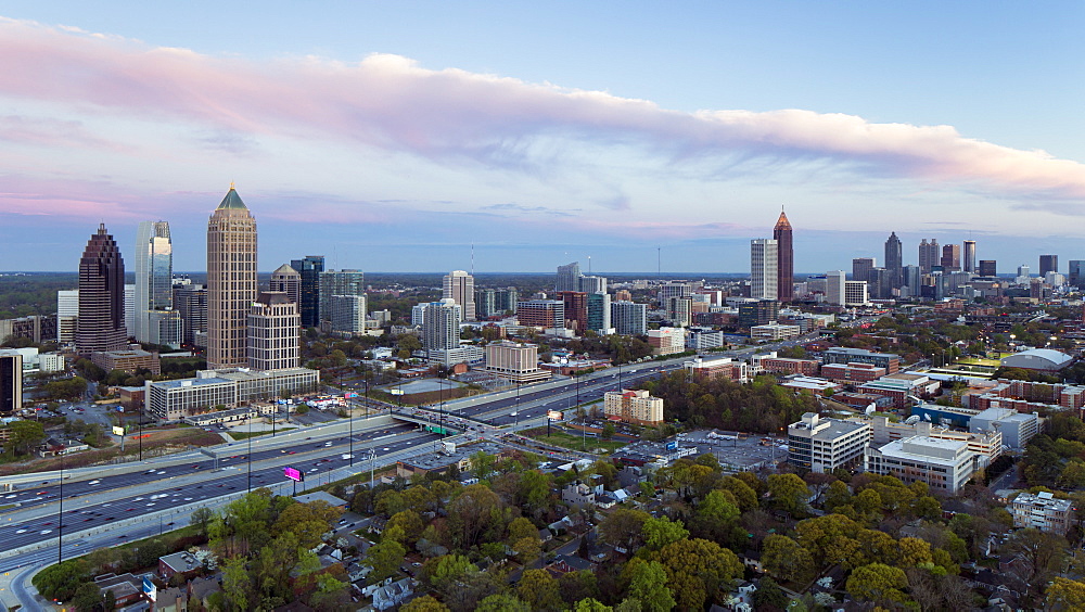 Elevated view over Interstate 85 passing the Atlanta skyline, Atlanta, Georgia, United States of America, North America