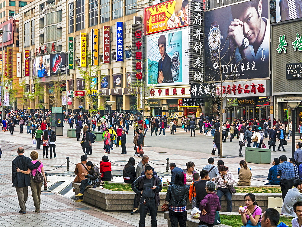 Pedestrianised Wangfujing Street, the main shopping street in Beijing, China, Asia