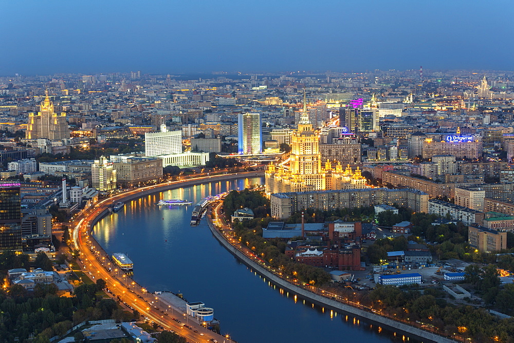 Elevated view over the Moskva River embankment, Ukraine Hotel and the Russian White House, Moscow, Russia, Europe