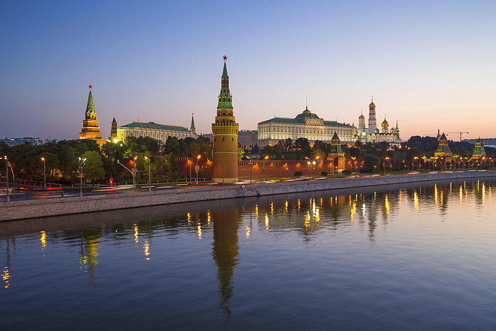 Kremlin churches and towers from Moscow River Bridge, Moscow, Russia, Europe