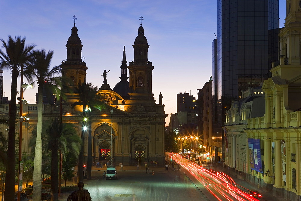 Elevated dusk view over Plaza de Armas to Santiago Cathedral, Santiago, Chile, South America