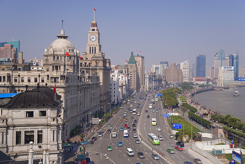 Elevated view along the Bund beside the Huangpu River, Shanghai, China, Asia