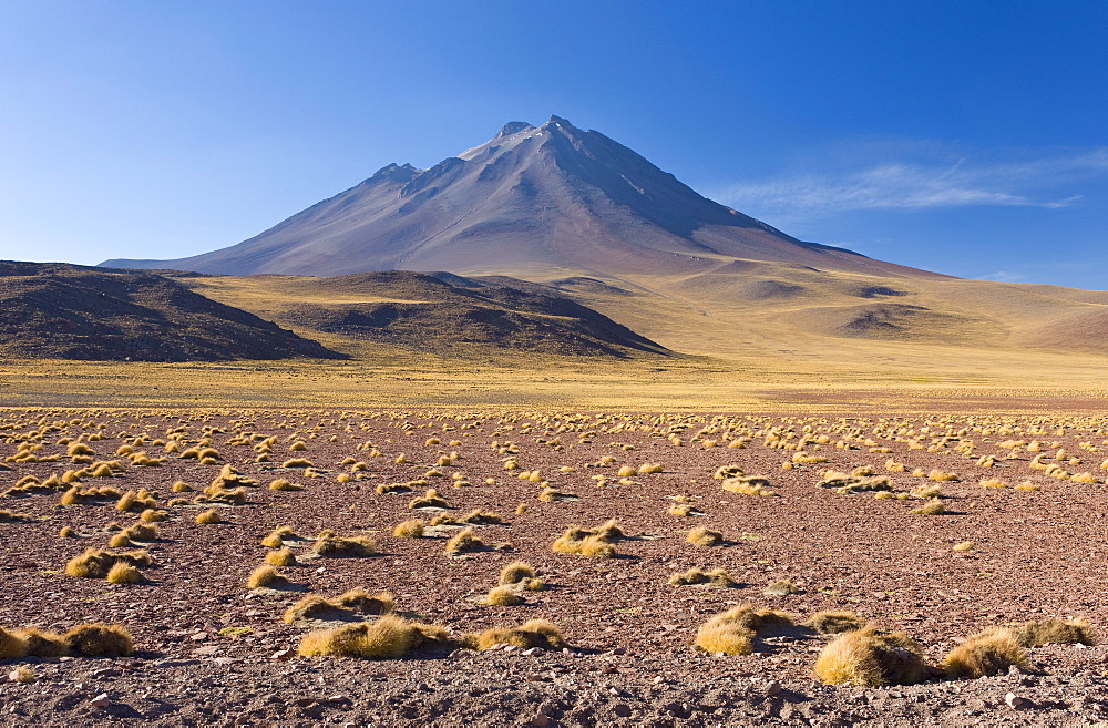 The altiplano at an altitude of over 4000m and the peak of Cerro Miniques at 5910m, Los Flamencos National Reserve, Atacama Desert, Antofagasta Region, Norte Grande, Chile, South America