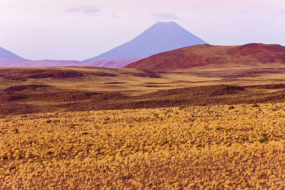 The altiplano at an altitude of over 4000m looking towards Volcan Chiliques at 5727m, Los Flamencos National Reserve, Atacama Desert, Antofagasta Region, Norte Grande, Chile, South America