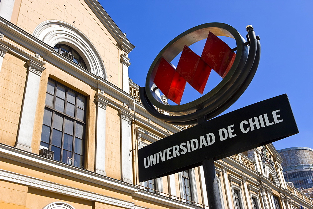 University of Chile (Universidad de Chile) and Metro sign, Santiago, Chile, South America