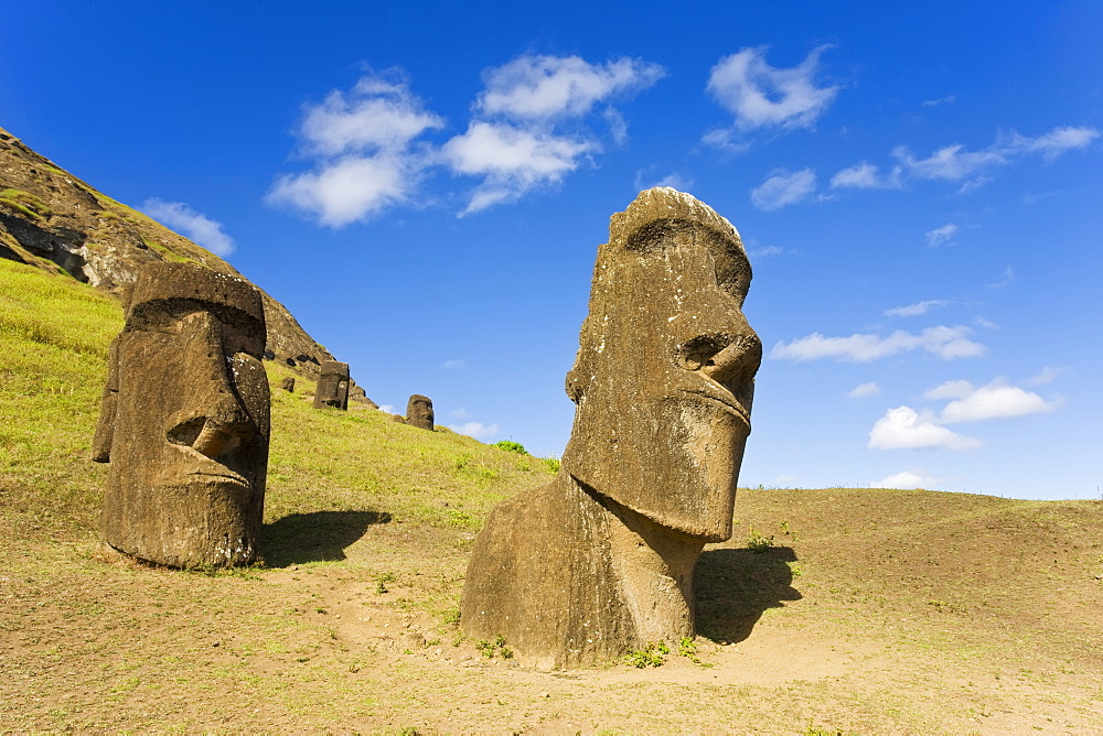 Giant monolithic stone Moai statues at Rano Raraku, Rapa Nui (Easter Island), UNESCO World Heritage Site, Chile, South America