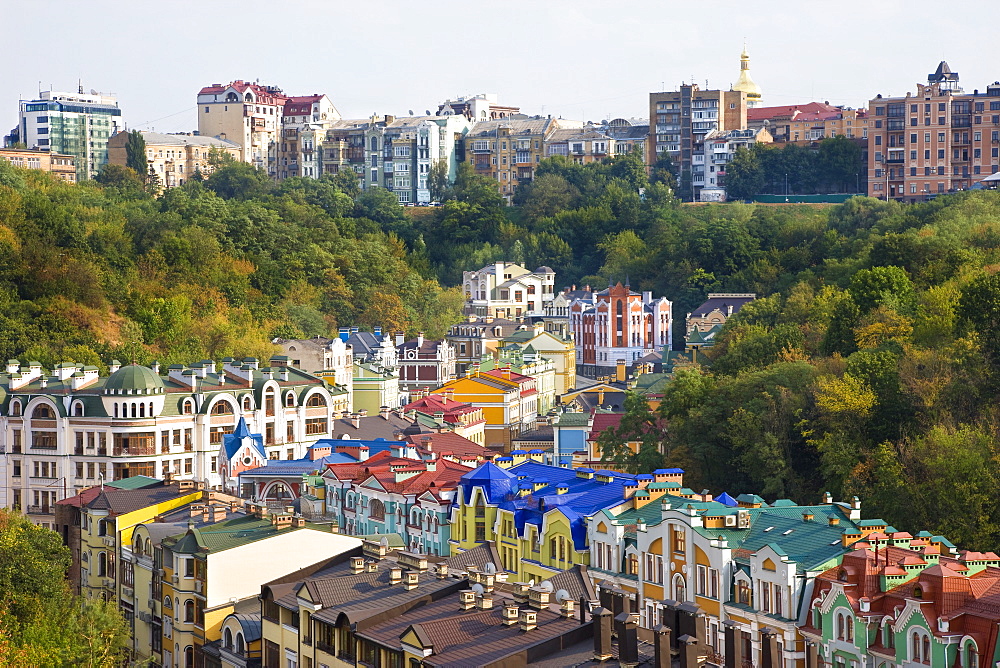 Elevated view over colourful buildings with multicolor roofs in a new residential area of Kiev, Ukraine, Europe