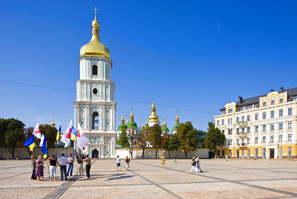 Independence Day, Ukrainian national flags in the square outside St. Sophia Cathedral, UNESCO World Heritage Site, Kiev, Ukraine, Europe