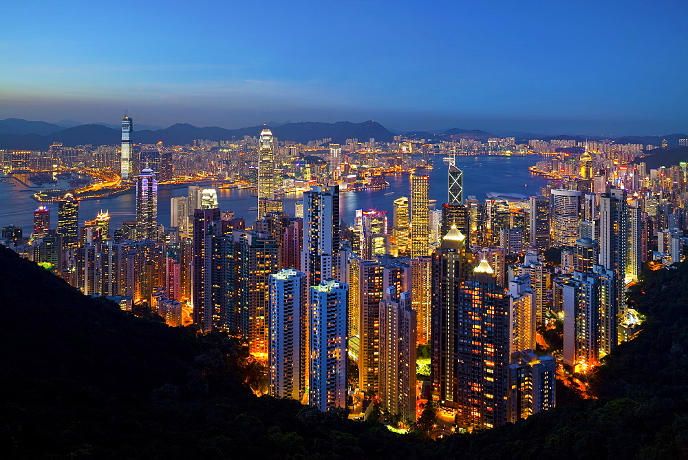 View over Hong Kong from Victoria Peak, the illuminated skyline of Central sits below The Peak, Victoria Peak, Hong Kong, China, Asia