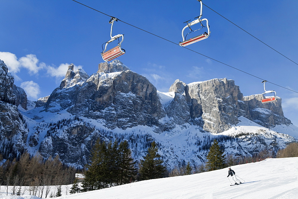 Sella Ronda ski area, Val Gardena, Sella Massif range of mountains under winter snow, Dolomites, South Tirol, Trentino-Alto Adige, Italy, Europe