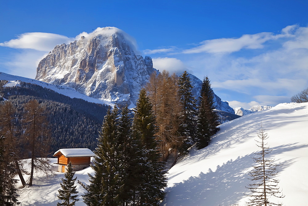 Winter snow covered mountain hut in front of Sassongher mountain, 2665m, Val Gardena, Dolomites, South Tirol, Trentino-Alto Adige, Italy, Europe