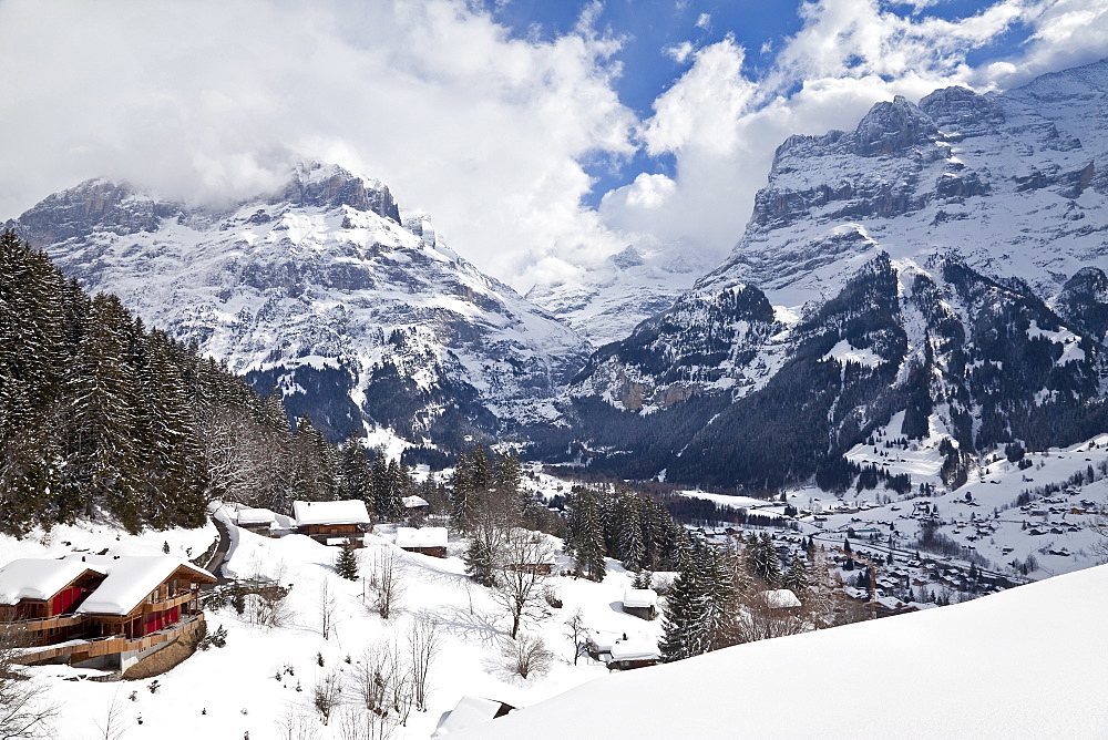 Grindelwald and the Wetterhorn mountain, Jungfrau region, Bernese Oberland, Swiss Alps, Switzerland, Europe