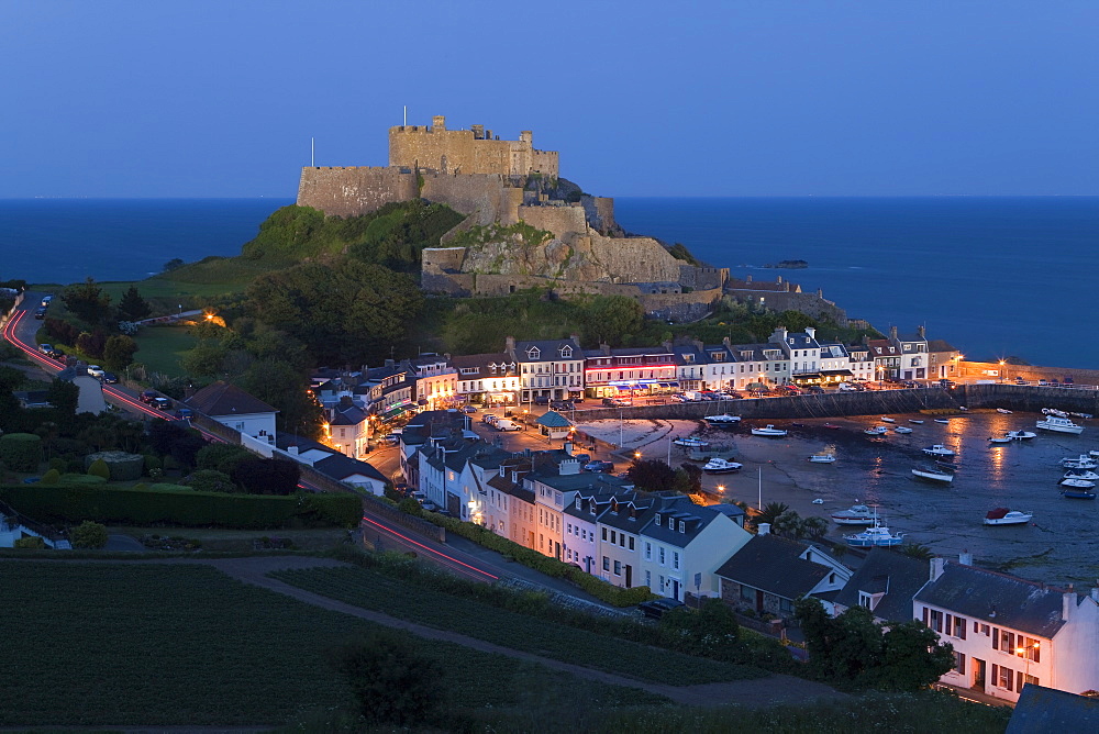 Mount Orgueil Castle, overlooking Grouville Bay in Gorey, Jersey, Channel Islands, United Kingdom, Europe