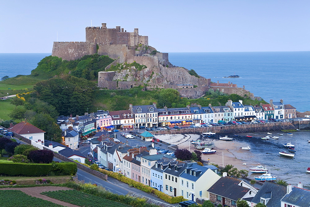 Mount Orgueil Castle, overlooking Grouville Bay in Gorey, Jersey, Channel Islands, United Kingdom, Europe