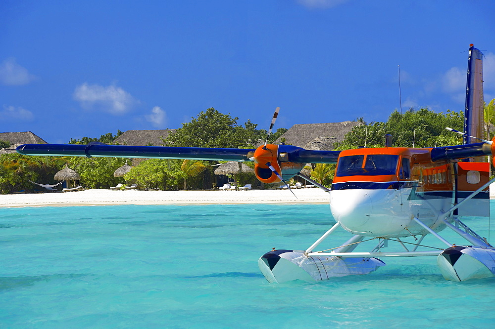 Maldivian Air Taxi parked in a resort in Maldives, Indian Ocean, Asia