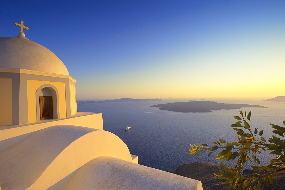 Church and sunset, Thira, Santorini, Cyclades, Greek Islands, Greece, Europe