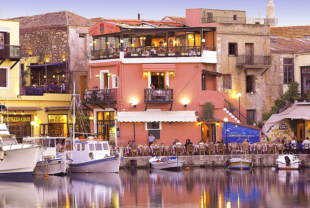 Rethymnon old port and restaurants, Crete island, Greek Islands, Greece, Europe