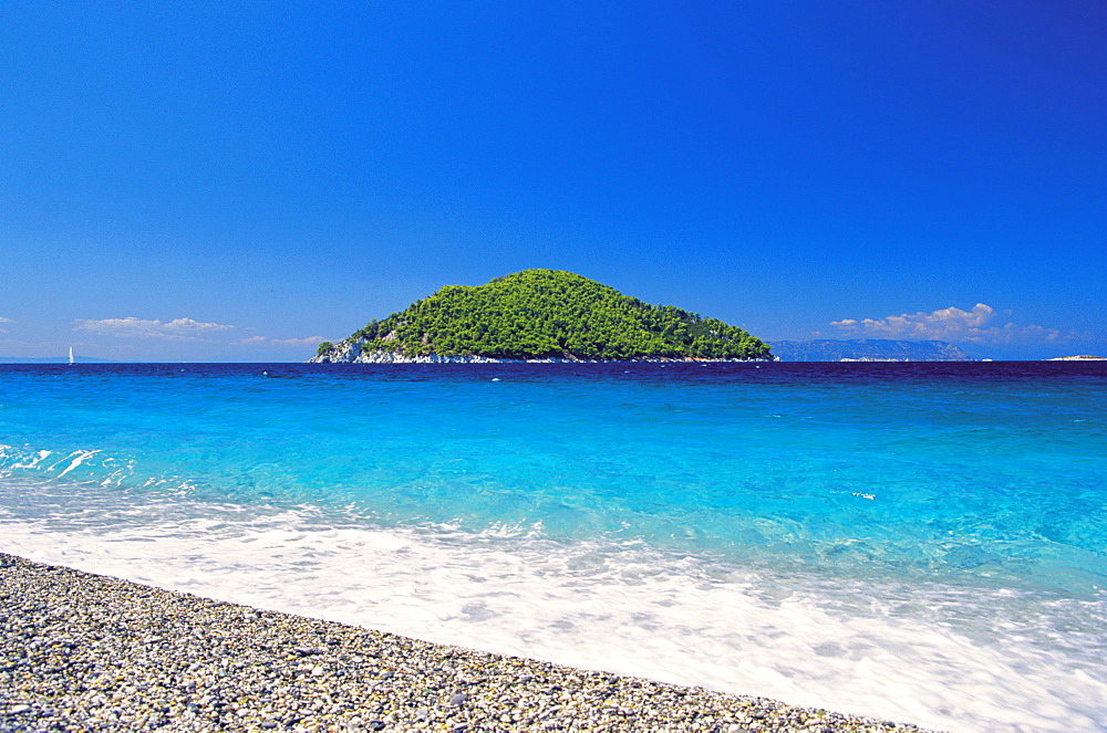 Skopelos island, view from Milia Beach to an island, Sporades, Greek Islands, Greece, Europe