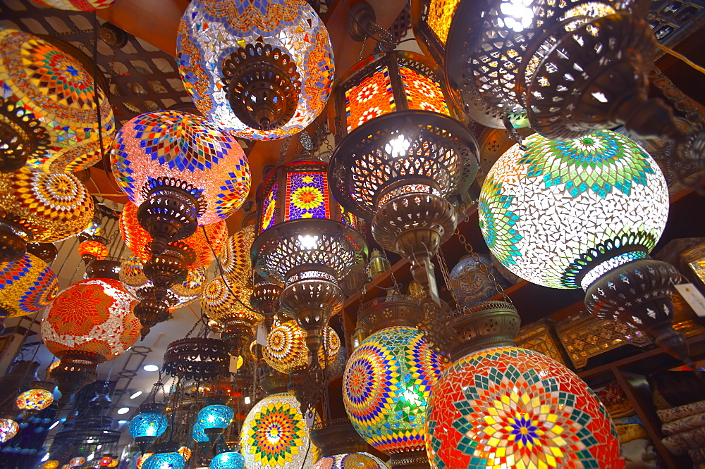 Hanging lamps on sale in souk, Dubai, United Arab Emirates, Middle East