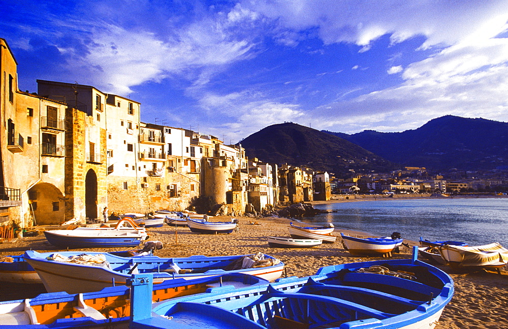 Fishing boats on the beach, Cefalu, Sicily, Italy, Mediterranean, Europe