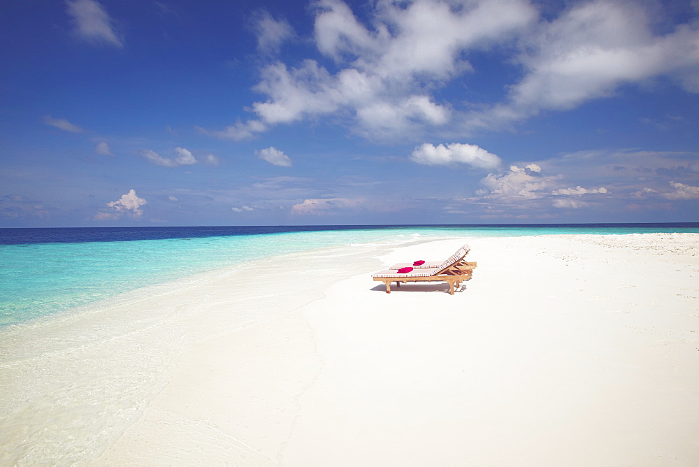 Two deck chairs on tropical beach ,Maldives, Indian Ocean, Asia