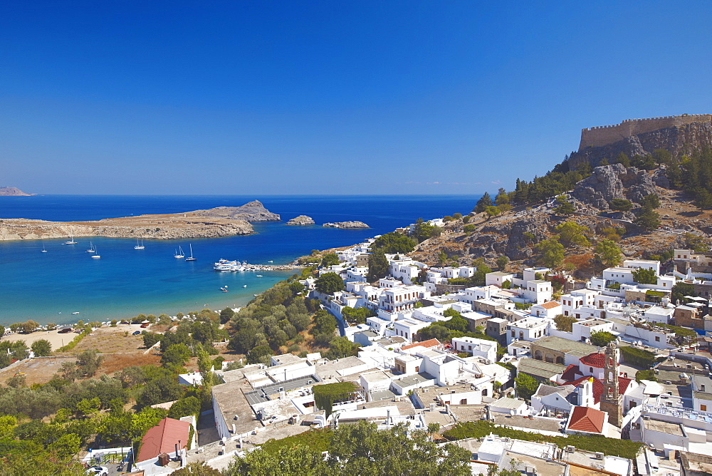 Lindos and the acropolis, Rhodes, Dodecanese, Greek Islands, Greece, Europe