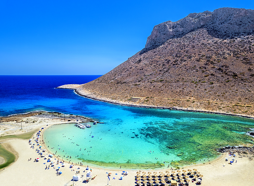 Aerial image of Stavros beach, where Zorba the Greek dance was filmed, near Chania, Crete Island, Greek Islands, Greece, Europe