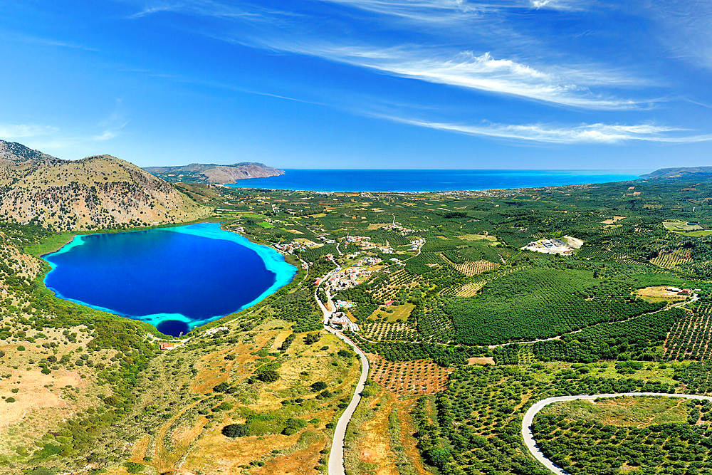 Lake Kournas with view to Georgioupoli, Crete, greece aerial view
