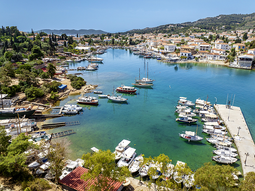 Aerial drone photo of picturesque old town and harbor of Spetses island Saronic gulf, Greece.