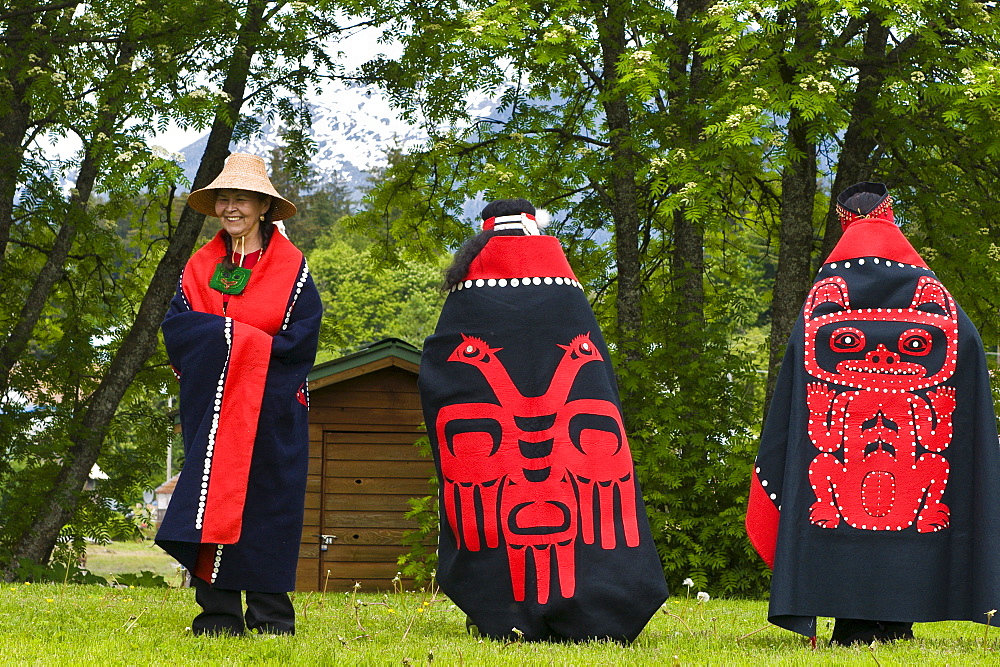 Tlingit native performers at Chief Shakes Tribal House, historic site, Wrangell, Southeast Alaska, United States of America, North America