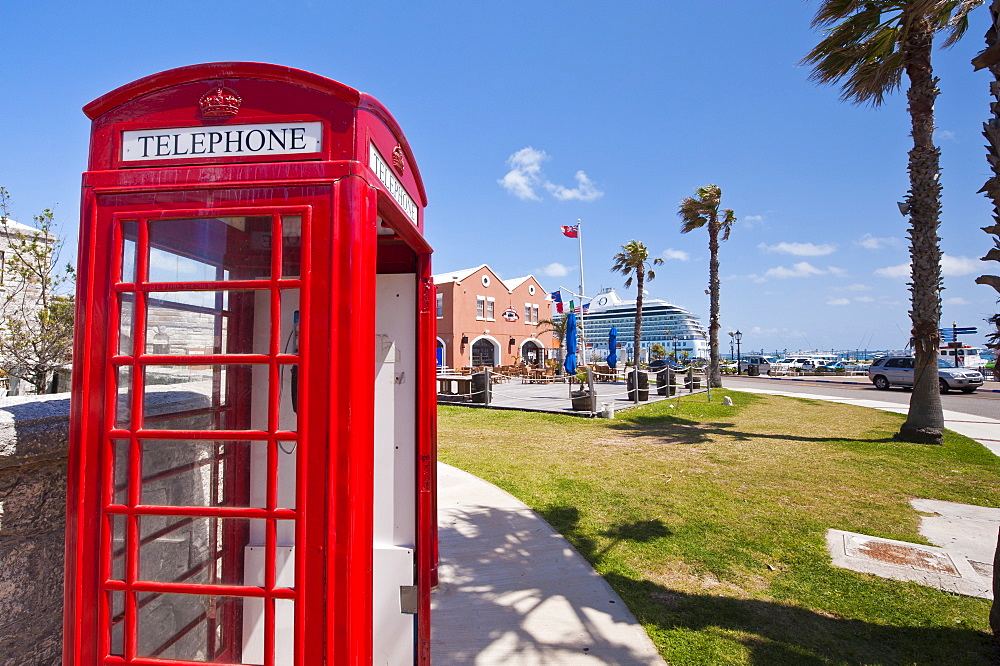 Old British telephone call box at the cruise terminal in the Royal Naval Dockyard, Bermuda, Central America