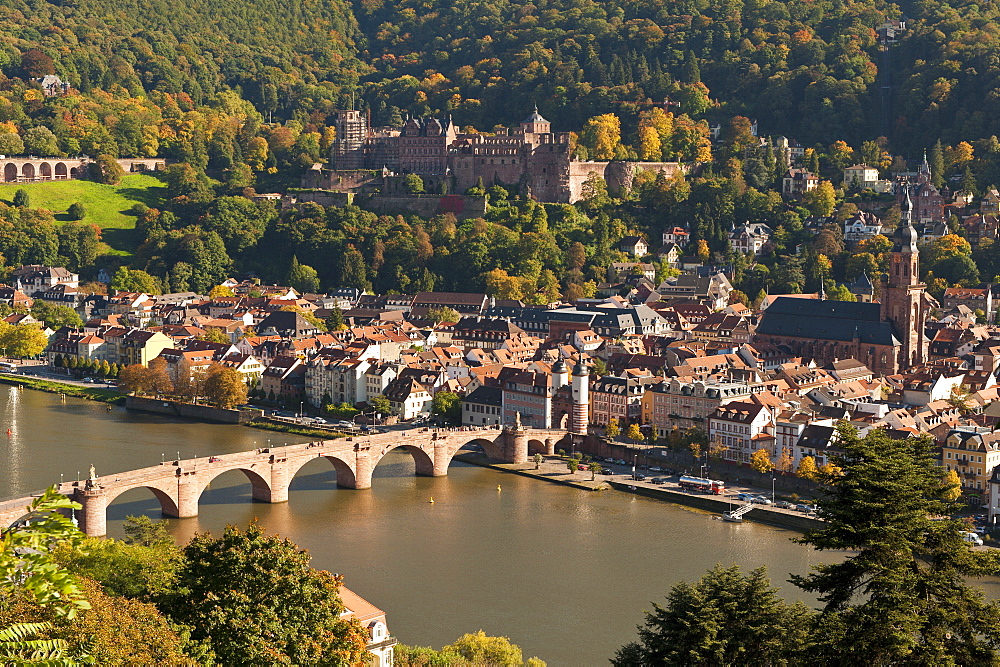 View of the Alte Brucke (Old Bridge), Neckar River Heidelberg Castle and Old Town from the Philosophenweg, Heidelberg, Baden-Wurttemberg, Germany, Europe