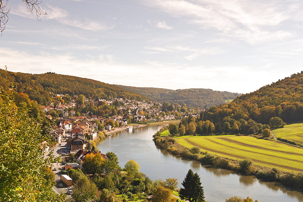 View of the Neckar River and Neckarsteinach from Hinterburg Castle, Hesse, Germany, Europe