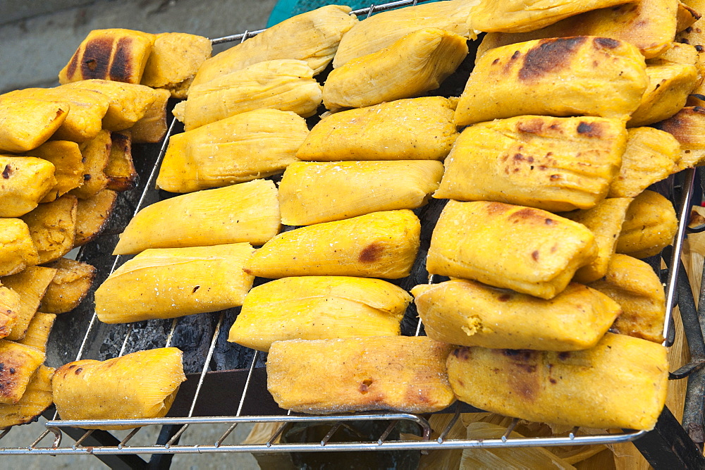 Tamales in outdoor market in Santiago Sacatepequez, Guatemala, Central America