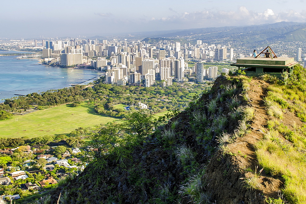 Honolulu from atop Diamond Head State Monument (Leahi Crater), Honolulu, Oahu, Hawaii, United States of America, Pacific