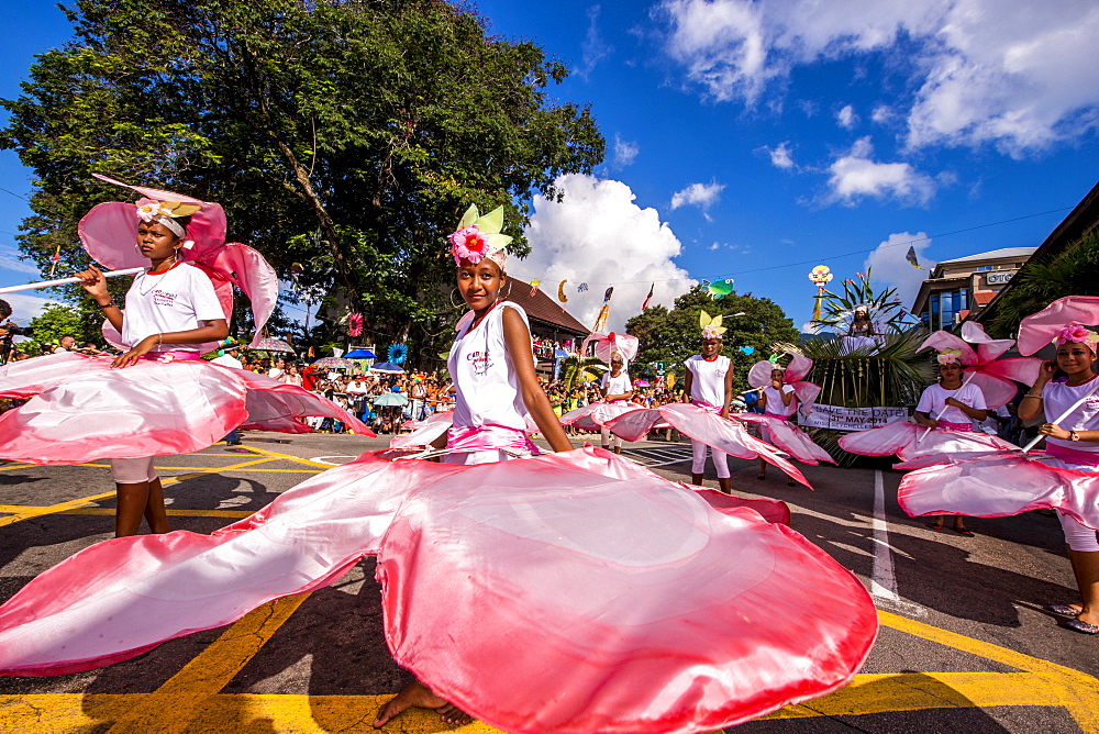 Street parade in the International Carnival Seychelles, in Victoria, Mahe, Republic of Seychelles, Indian Ocean, Africa