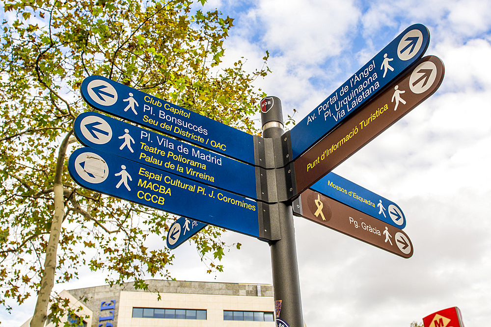 Street sign directions, Barcelona, Catalonia, Spain, Europe