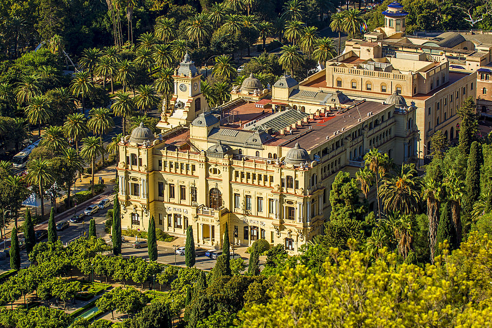 Ayuntamiento de Malaga (Malaga City Hall) and Pedro Luis Alonso Gardens (Jardines de Pedro Luis Alonso), Malaga, Costa del Sol, Andalusia, Spain, Europe