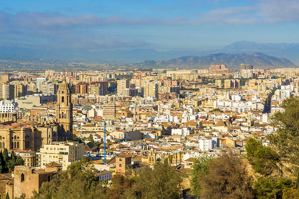 Views of old town from the Alcazaba and Castle of Gibralfaro on Mount Malaga above the old town, Malaga, Costa del Sol, Andalusia, Spain, Europe