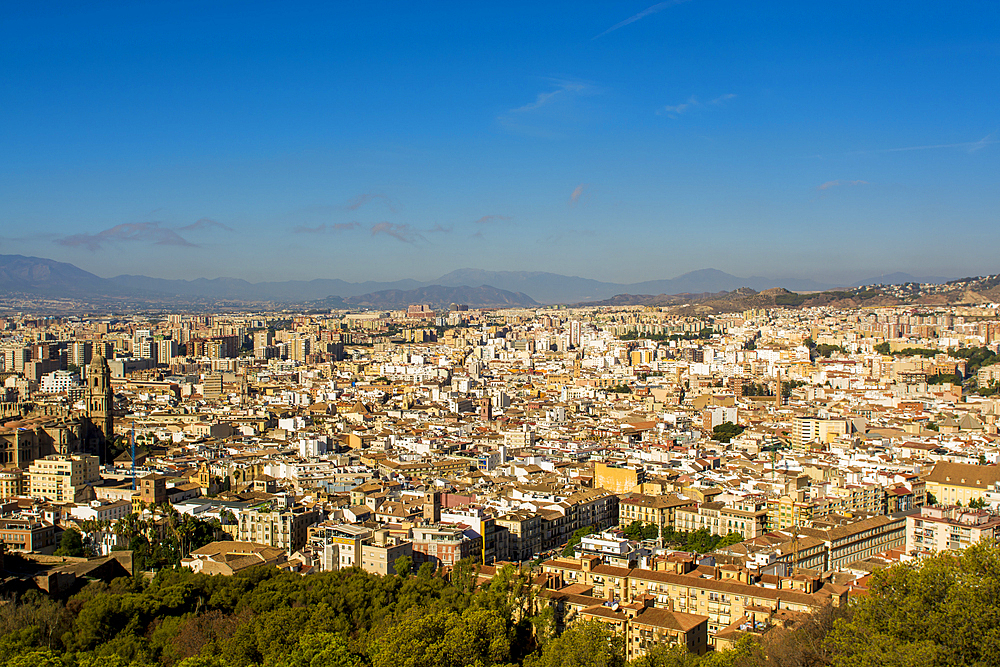 Views of old town from the Alcazaba and Castle of Gibralfaro on Mount Malaga above the old town, Malaga, Costa del Sol, Andalusia, Spain, Europe