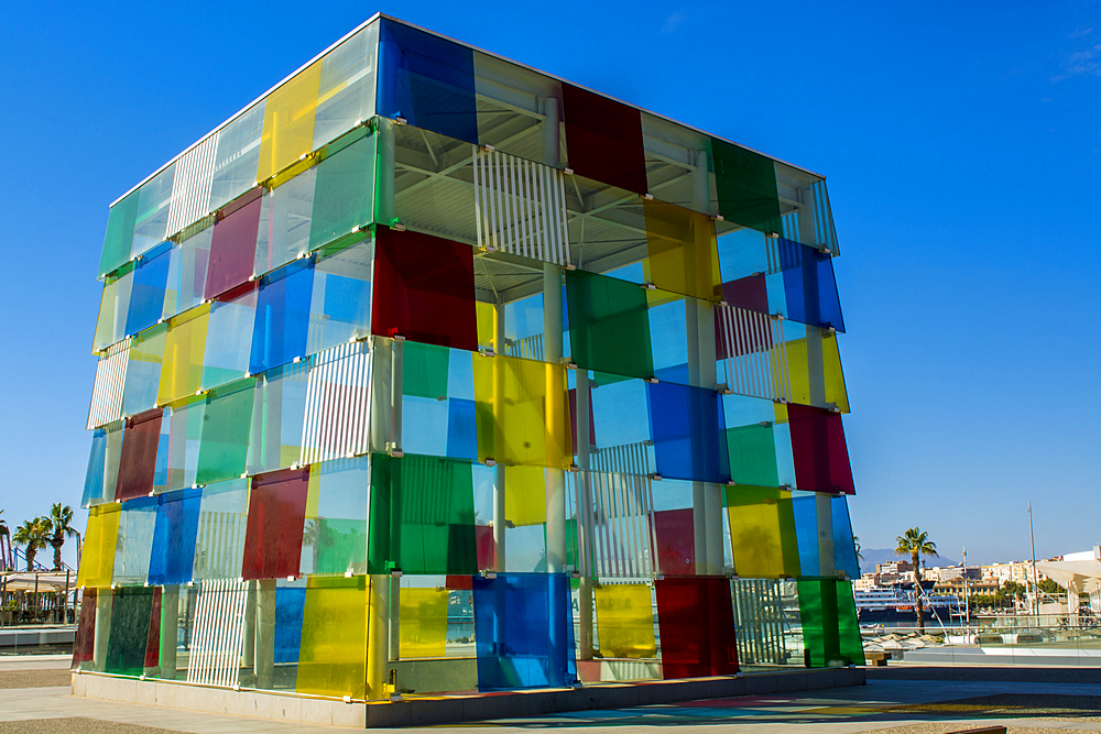 Large glass cube at the Pompidou Centre at the port, Malaga, Costa del Sol, Andalusia, Spain, Europe