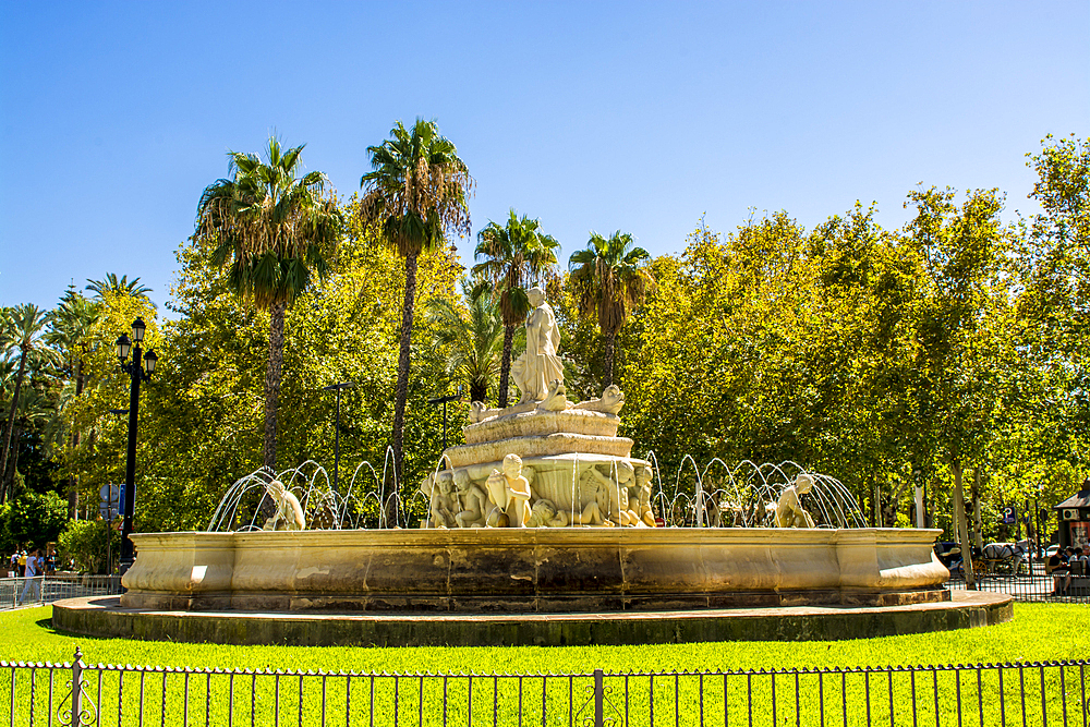 Híspalis Fountain in Puerta de Jerez Square, Seville, Andalusia, Spain, Europe