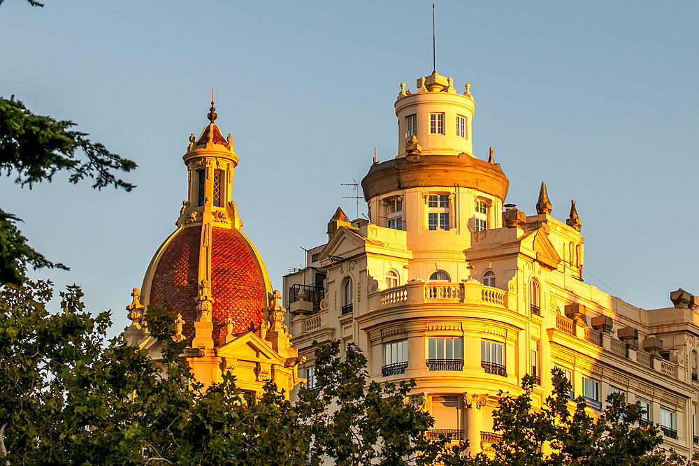 Valencia Town Hall Dome and other building architecture around the Plaza del Ayuntamiento, Valencia, Spain, Europe